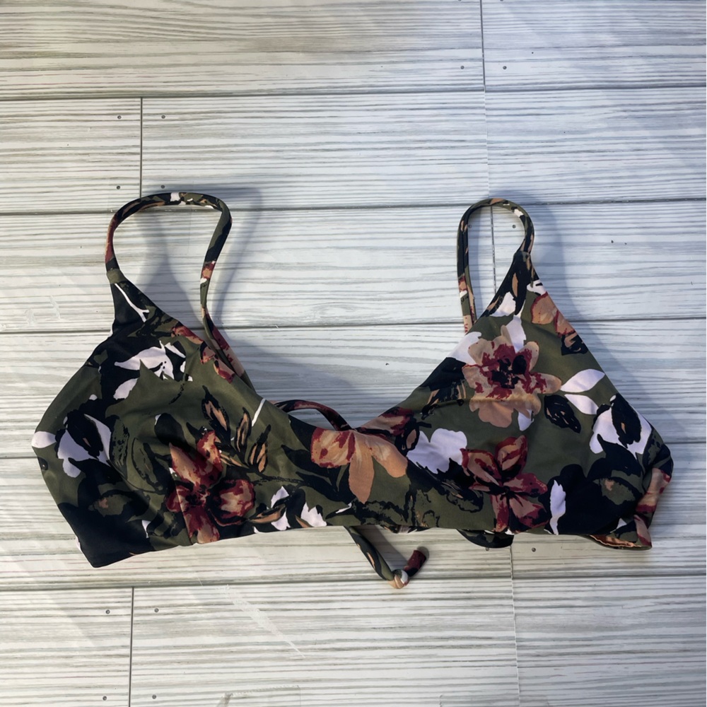 RVCA Floral Olive Green Scoop Bikini Top medium